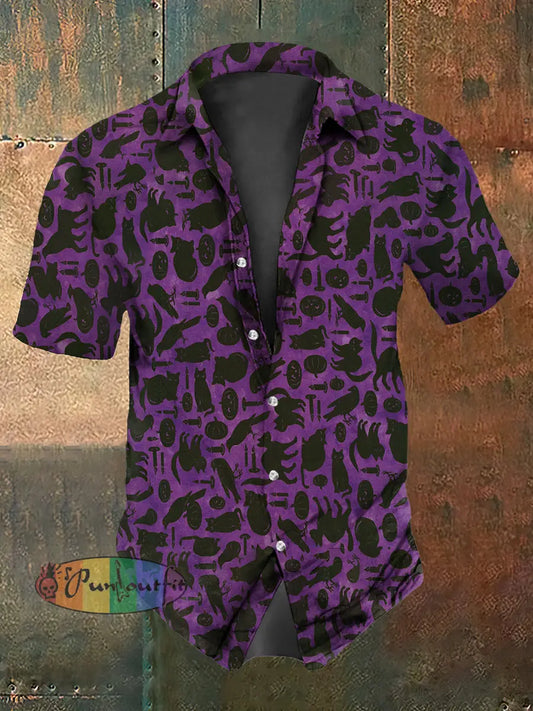 Retro Halloween Gothic Cat Pumpkin Abstract Print Casual Cotton Short Sleeve Shirt Purple / S