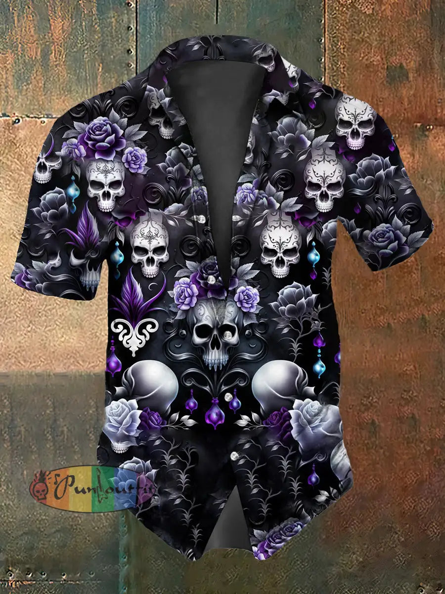 Retro Halloween Gothic Floral Skull Abstract Print Casual Cotton Short Sleeve Shirt Purple / S