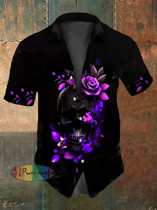 Retro Halloween Gothic Gradient Floral Skull Abstract Print Casual Cotton Short Sleeve Shirt Purple / S