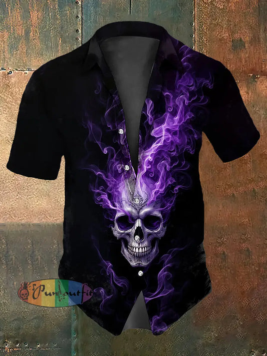 Retro Halloween Gothic Gradient Smoke Skull Abstract Print Casual Cotton Short Sleeve Shirt Purple / S