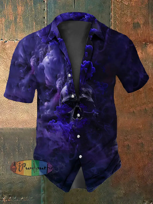 Retro Halloween Gothic Gradient Smoke Skull Abstract Print Casual Cotton Short Sleeve Shirt Purple / S