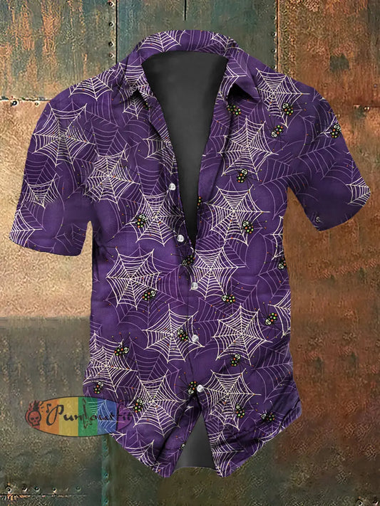 Retro Halloween Gothic Spider Web Abstract Print Casual Cotton Short Sleeve Shirt Purple / S