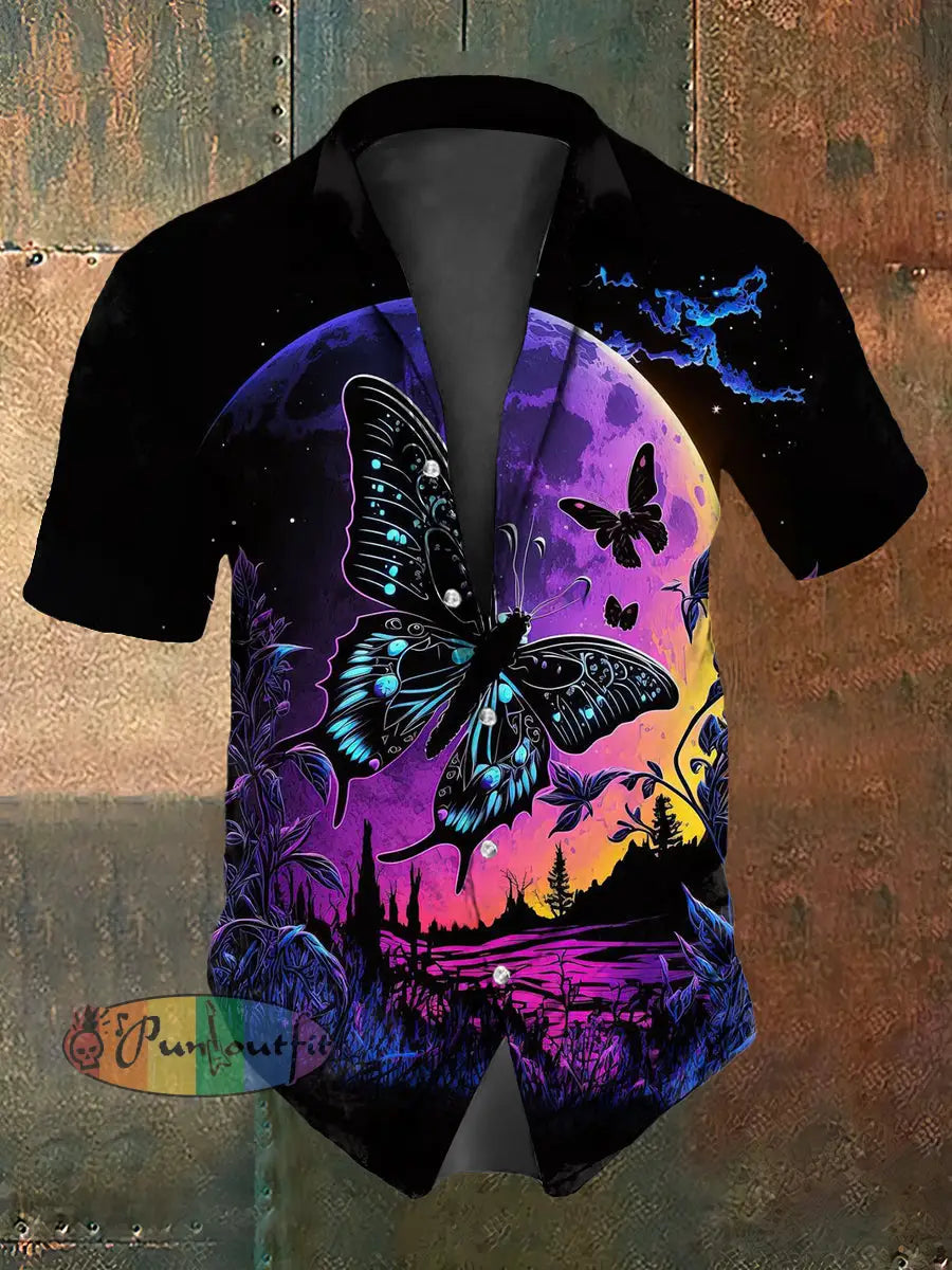 Retro Halloween Multicolored Butterfly Planet Abstract Print Casual Cotton Short Sleeve Shirt Purple / S