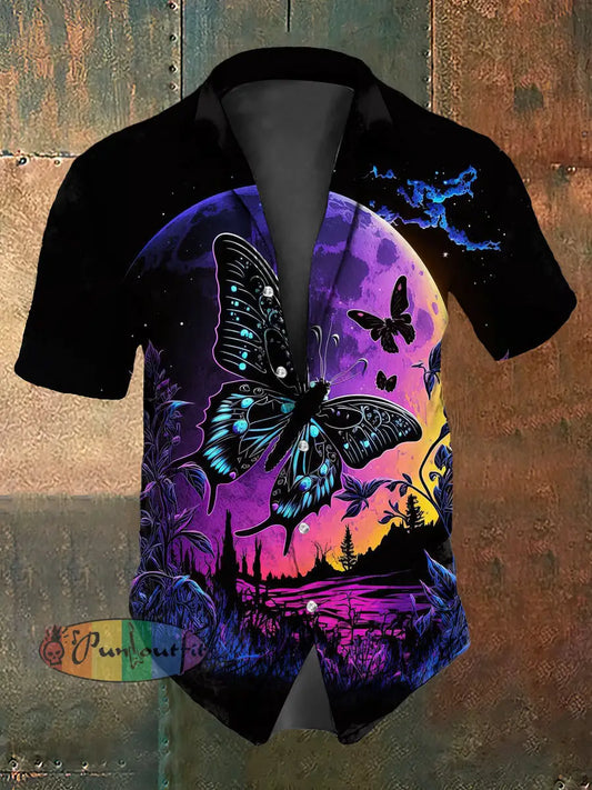 Retro Halloween Multicolored Butterfly Planet Abstract Print Casual Cotton Short Sleeve Shirt Purple / S