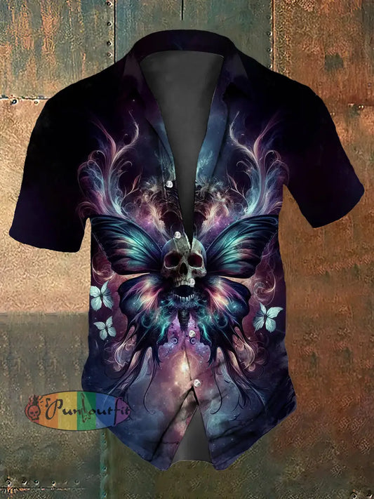 Retro Halloween Smoke Skeleton Butterfly Abstract Print Casual Cotton Short Sleeve Shirt Purple / S