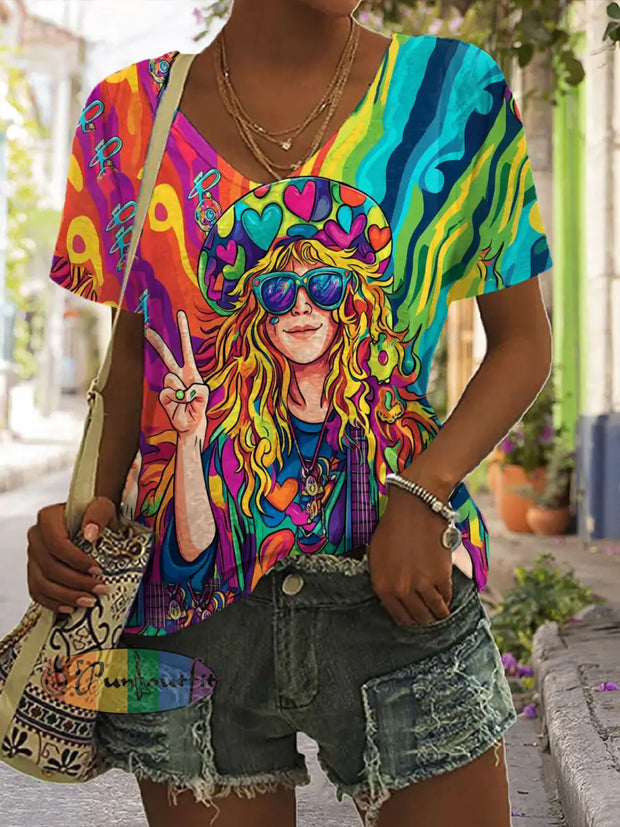 Retro Hippie Rock Art Fashion Loose Short Sleeve T-Shirt As Picture / S