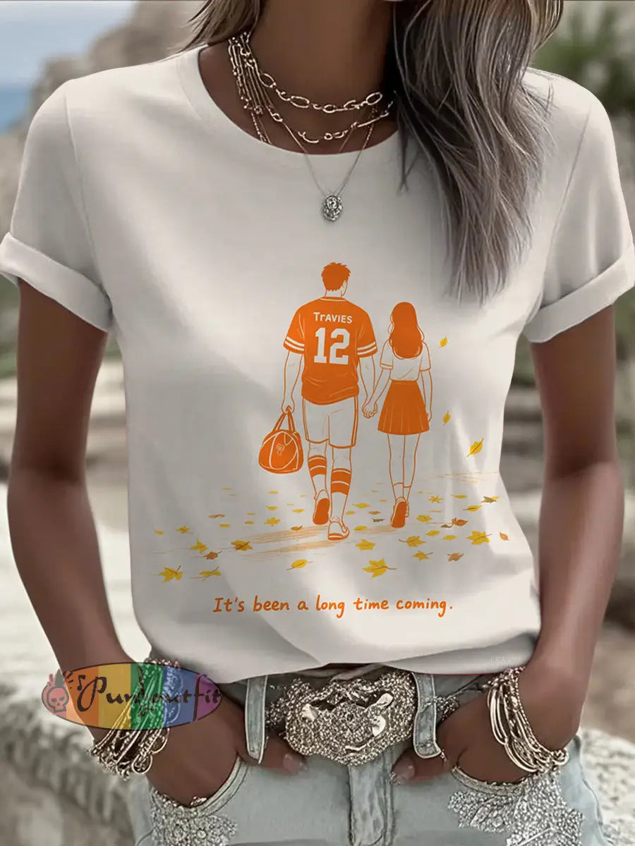Retro Music Festival Taylor Swift & Travis Kelce Print Comfortable Casual Cotton Short sleeved T shirt Apricot / S
