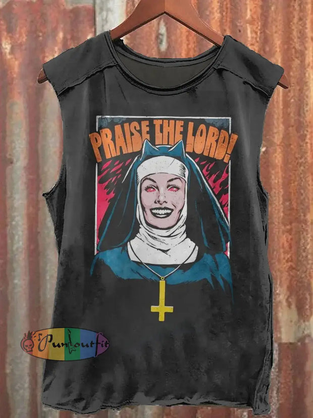 Retro Praise The Lord Print Casual Crew Neck Vest Black / S