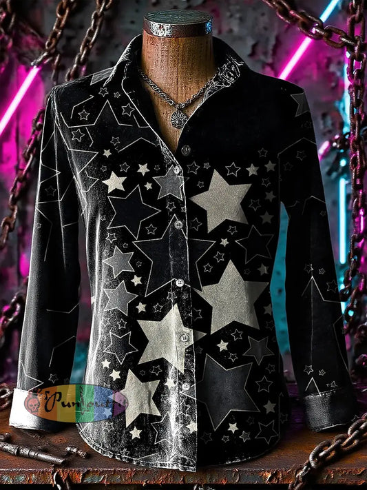 Retro Punk Chaos Star Gradient Abstract Print Casual Long Sleeve Shirt Black / S