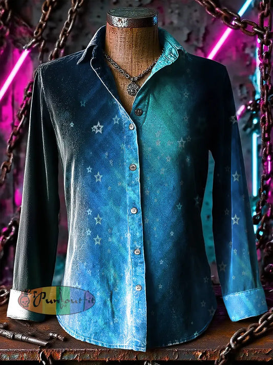 Retro Punk Chaos Star Gradient Lines Abstract Print Casual Long Sleeve Shirt Blue / S