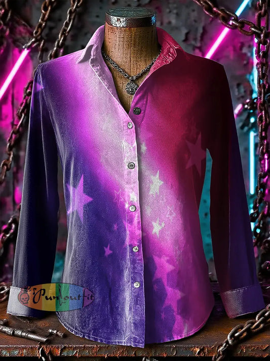 Retro Punk Chaos Star Gradient Multicolor Abstract Print Casual Long Sleeve Shirt Purple / S