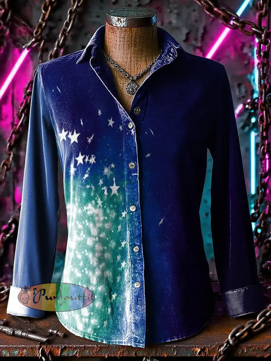 Retro Punk Chaos Stars Colorful Gradient Abstract Print Casual Long Sleeve Shirt Blue / S
