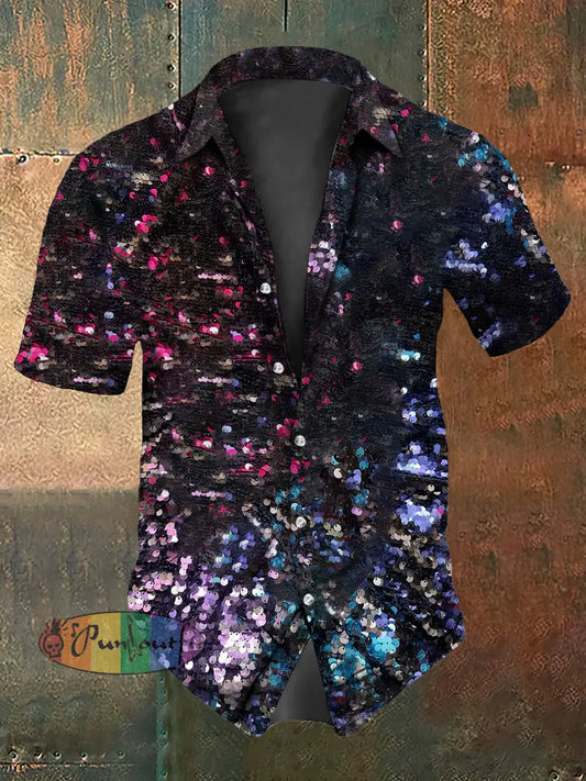 Retro Punk Colorful Sequins Abstract Print Casual Cotton Short Sleeve Shirt Black / S
