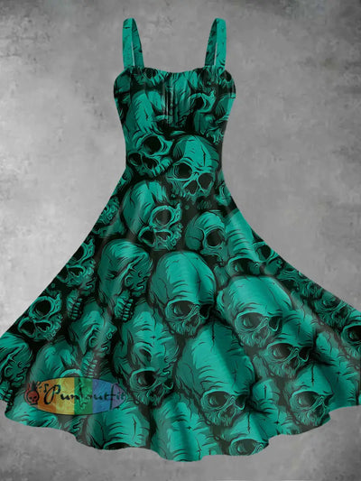 Retro Punk Dark Colorful 3D Skulls Design Print Midi Dress Green / S