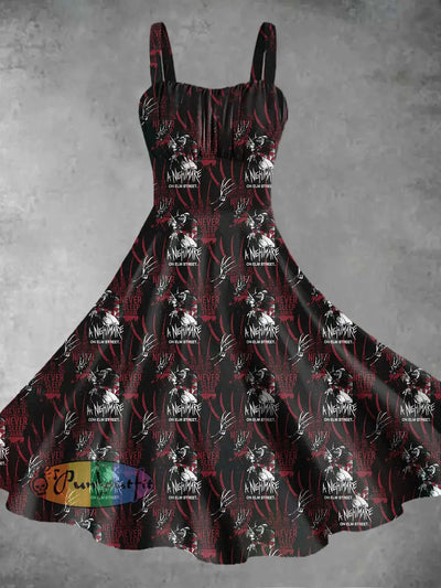 Retro Punk Dark Nightmare On Elm Tree Print Midi Dress Black / S