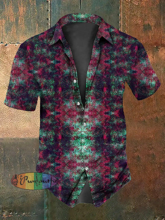 Retro Punk Distressed Multicolored Lines Abstract Print Casual Cotton Short Sleeve Shirt Multicolour / S