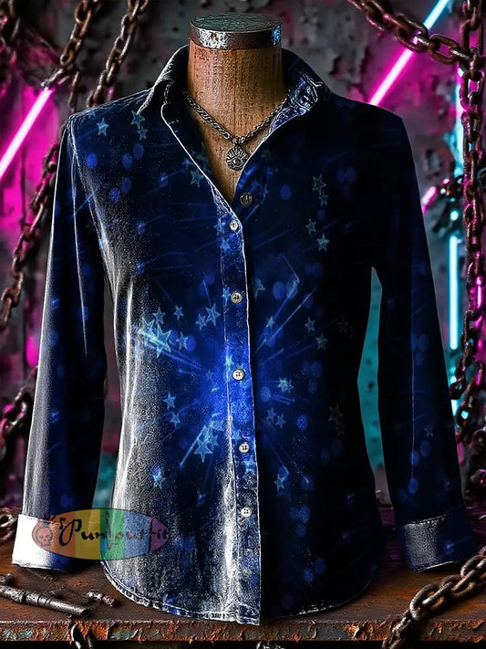 Retro Punk Free Star Gradient Abstract Print Casual Long Sleeve Shirt Blue / S