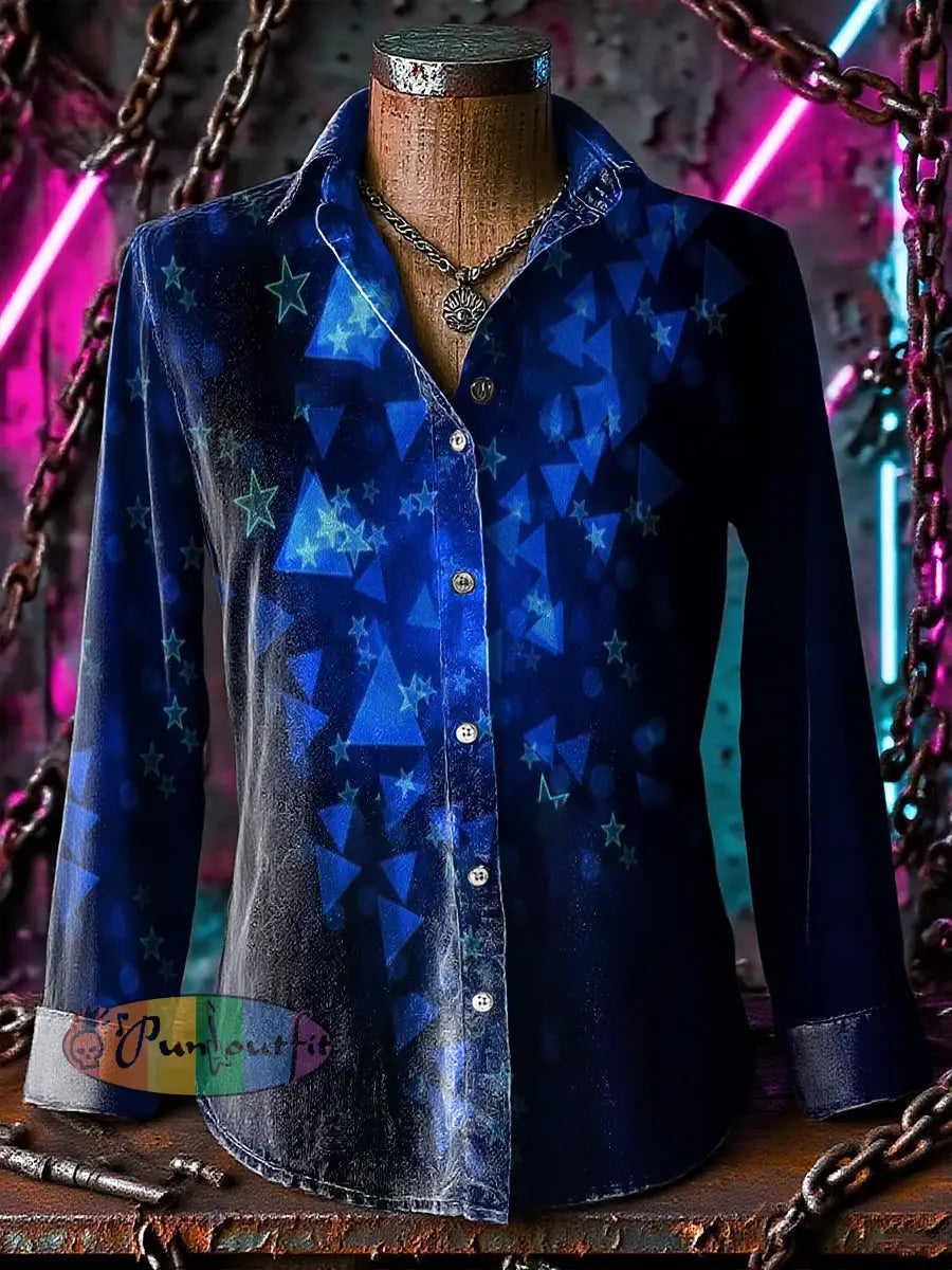 Retro Punk Geometric Chaos Star Gradient Abstract Print Casual Long Sleeve Shirt Blue / S