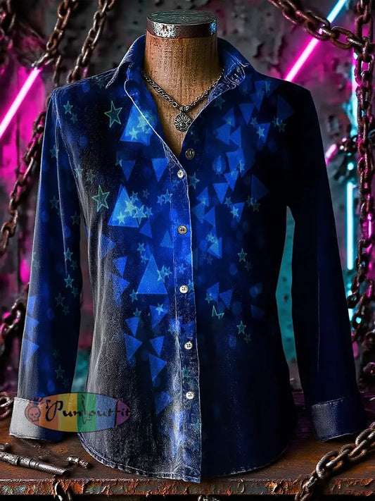 Retro Punk Geometric Chaos Star Gradient Abstract Print Casual Long Sleeve Shirt Blue / S