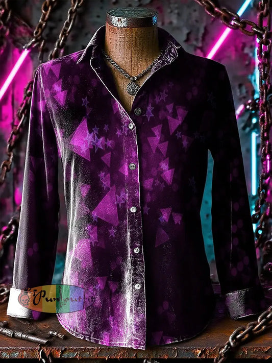 Retro Punk Geometric Chaos Star Gradient Abstract Print Casual Long Sleeve Shirt Purple / S