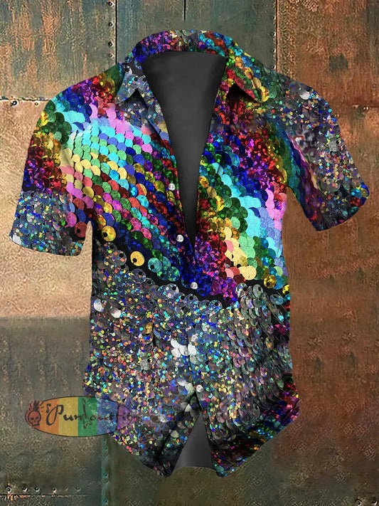 Retro Punk Gothic Stage Colorful Sequins Abstract Print Casual Cotton Short Sleeve Shirt As picture / S