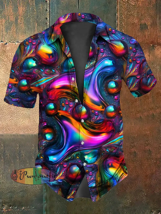 Retro Punk Gothic Stage Colorful Waves Abstract Print Casual Cotton Short Sleeve Shirt As picture / S
