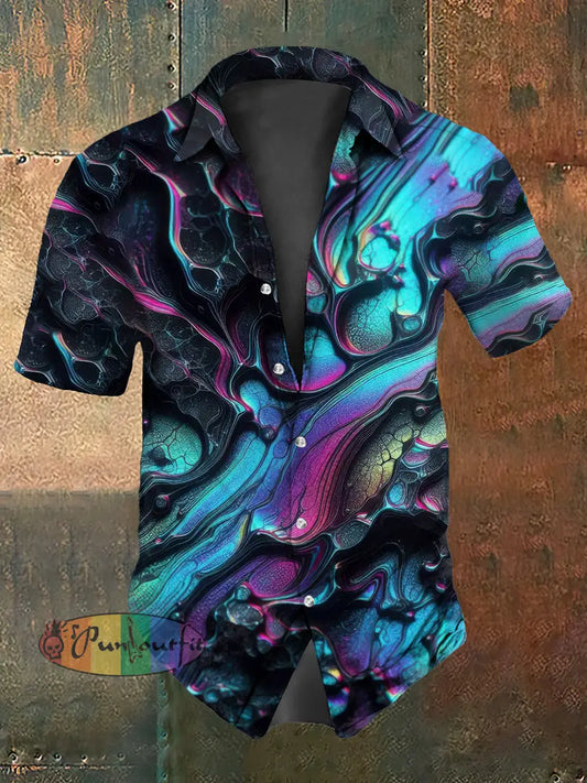 Retro Punk Gothic Stage Colorful Waves Abstract Print Casual Cotton Short Sleeve Shirt As picture / S