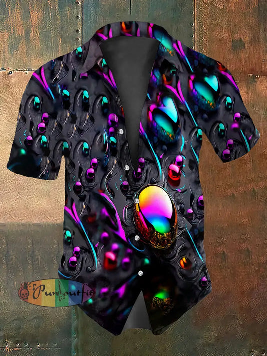 Retro Punk Gothic Stage Multicolored Waves Abstract Print Casual Cotton Short Sleeve Shirt As picture / S