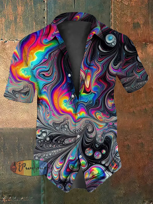 Retro Punk Gothic Stage Multicolored Waves Abstract Print Casual Cotton Short Sleeve Shirt As picture / S
