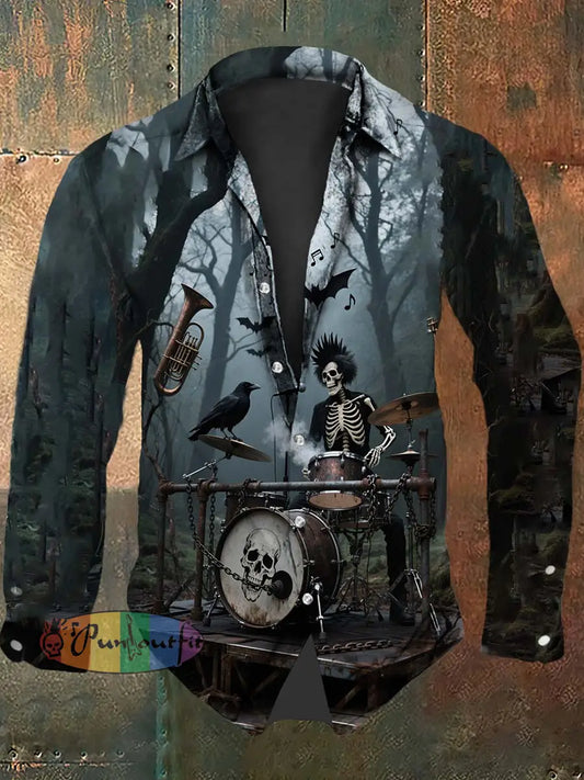 Retro Punk Halloween Gothic Punk Bat Skull Raven Abstract Print Casual Long Sleeve Shirt Gray / S