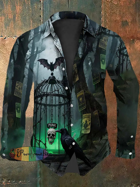 Retro Punk Halloween Gothic Punk Bat Skull Raven Abstract Print Casual Long Sleeve Shirt Gray / S