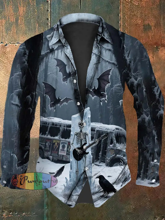 Retro Punk Halloween Gothic Punk Skull Raven Abstract Print Casual Long Sleeve Shirt Gray / S