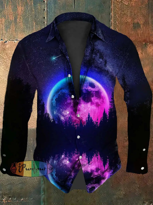Retro Punk Halloween Gradient Colorful Forest Abstract Print Casual Long Sleeve Shirt Black / S