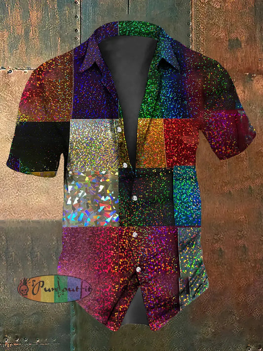 Retro Punk Multicolor Sequined Patchwork Abstract Print Casual Cotton Short Sleeve Shirt Multicolour / S