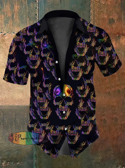 Retro Punk Music Festival Gradient Metal Skull Abstract Print Casual Cotton Short Sleeve Shirt As picture / S