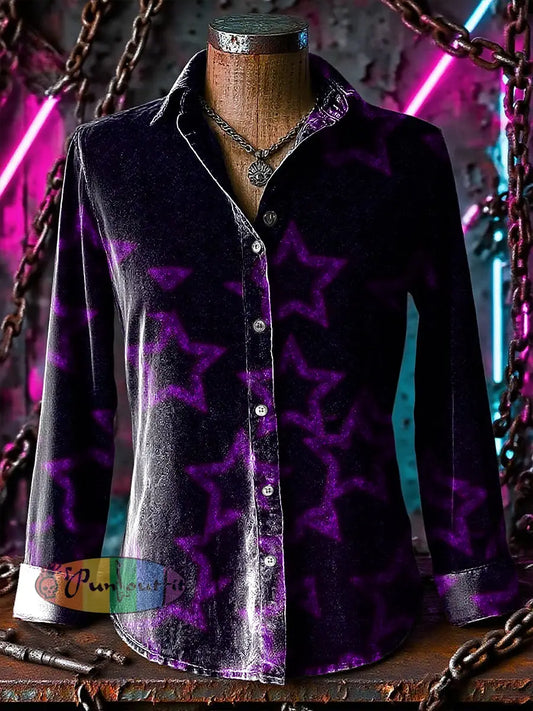 Retro Punk Purple Chaos Star Abstract Print Casual Long Sleeve Shirt Purple / S