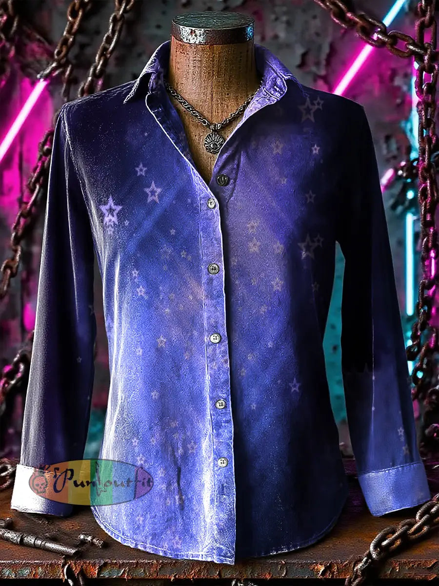 Retro Punk Purple Chaos Star Gradient Lines Abstract Print Casual Long Sleeve Shirt Purple / S