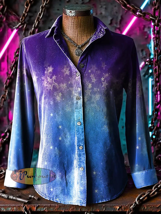 Retro Punk Purple Chaos Star Multicolor Gradient Abstract Print Casual Long Sleeve Shirt Purple / S