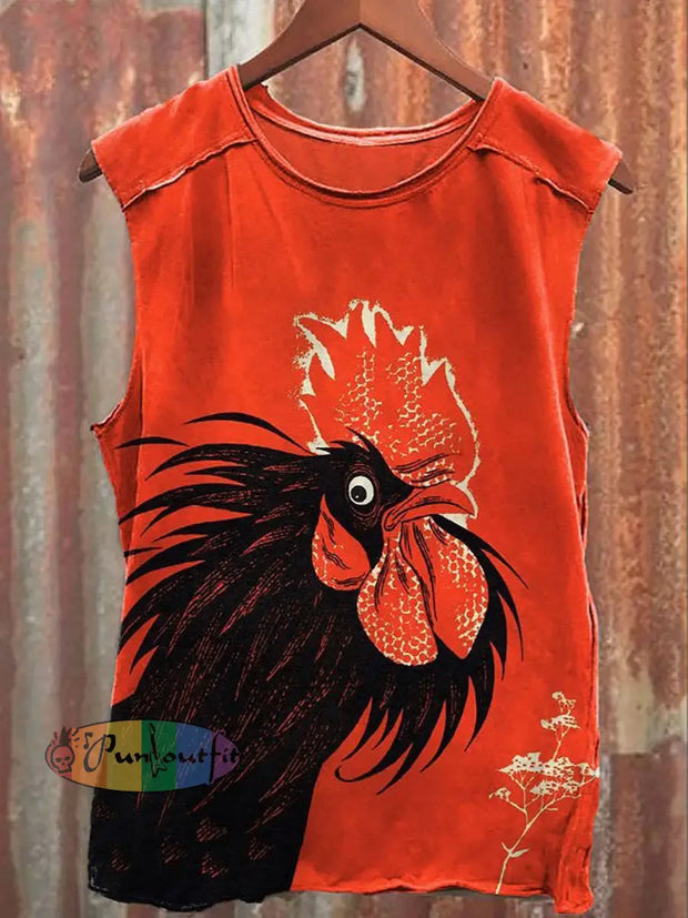 Retro Rooster Print Casual Crew Neck Vest Red / S