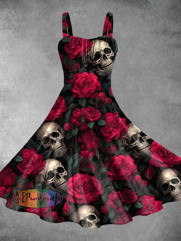 Retro Rose Skull Print Backless Dress Picture Color / S Dress