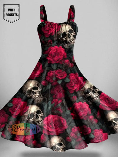 Retro Rose Skull Print Backless Dress With Pockets Red / S