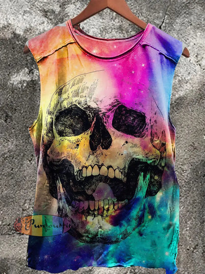 Retro Skull Print Casual Crew Neck Vest Colorful / S