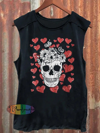 Retro Skull Valentine’s Day Print Casual Crew Neck Vest Black / S