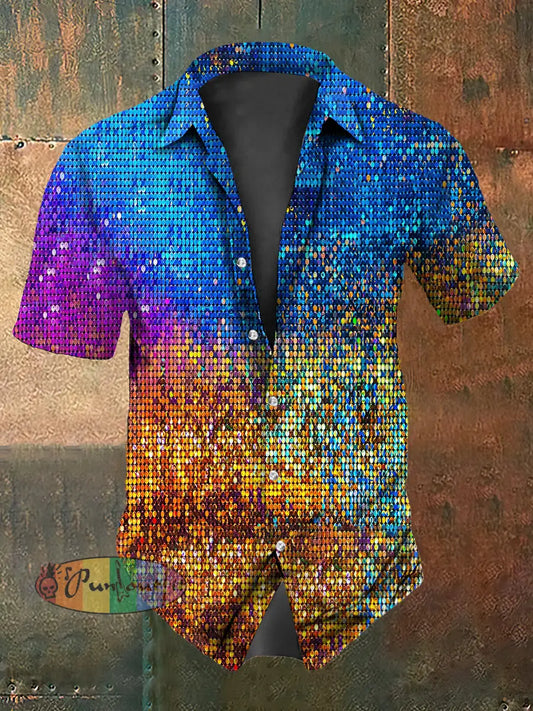 Retro Stage Gothic Multicolor Gradient Sequins Abstract Print Casual Cotton Short Sleeve Shirt Multicolour / S