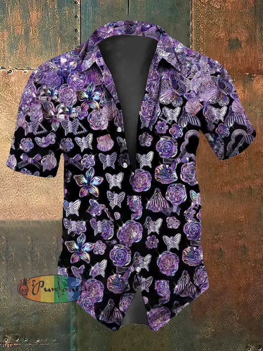 Retro Stage Gothic Purple 3D Butterfly Flowers Abstract Print Casual Cotton Short Sleeve Shirt Purple / S