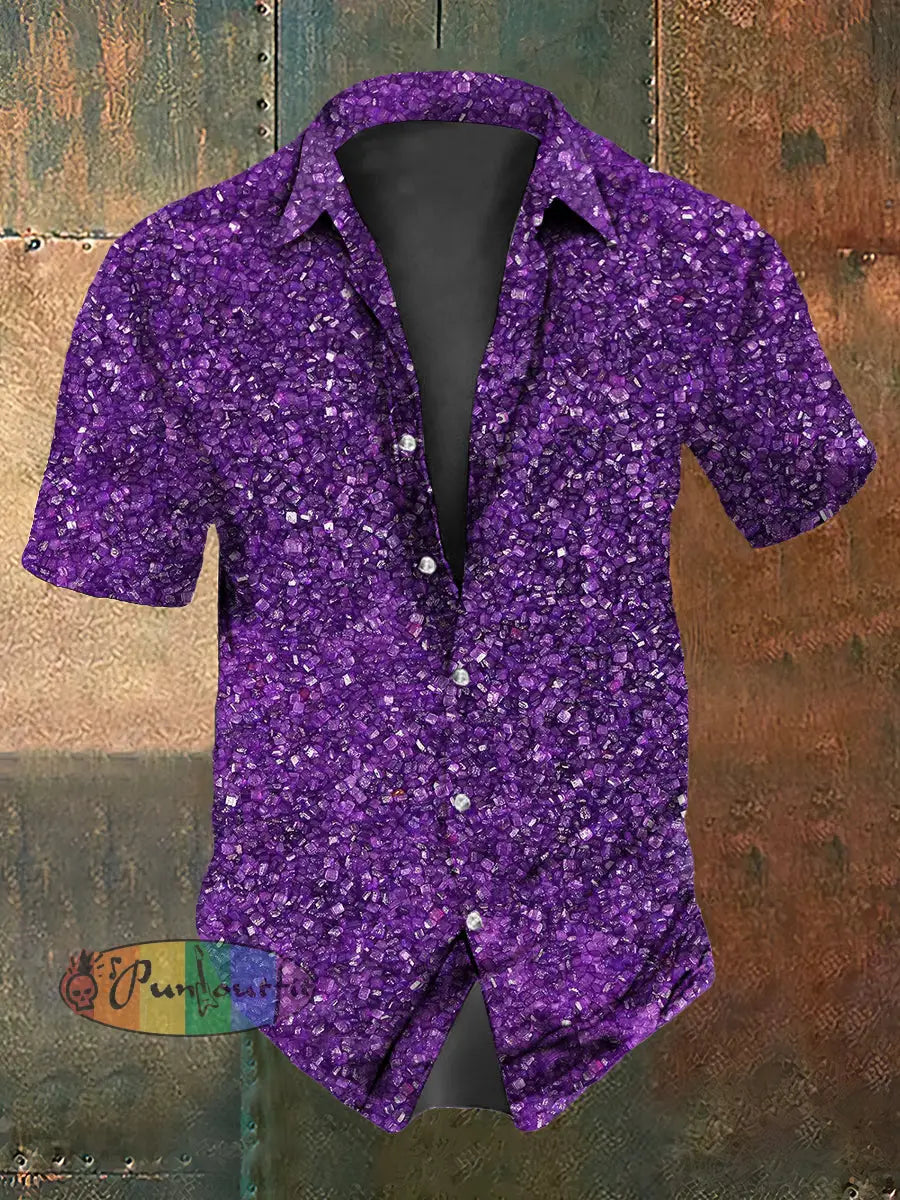 Retro Stage Gothic Purple Diamond Fragments Abstract Print Casual Cotton Short Sleeve Shirt Purple / S