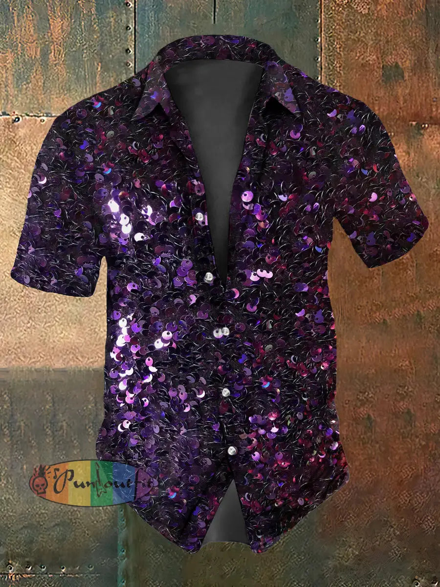 Retro Stage Gothic Purple Gradient Sequins Abstract Print Casual Cotton Short Sleeve Shirt Purple / S