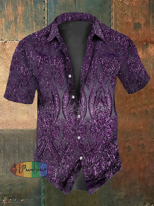 Retro Stage Gothic Purple Sequin Pattern Abstract Print Casual Cotton Short Sleeve Shirt Purple / S