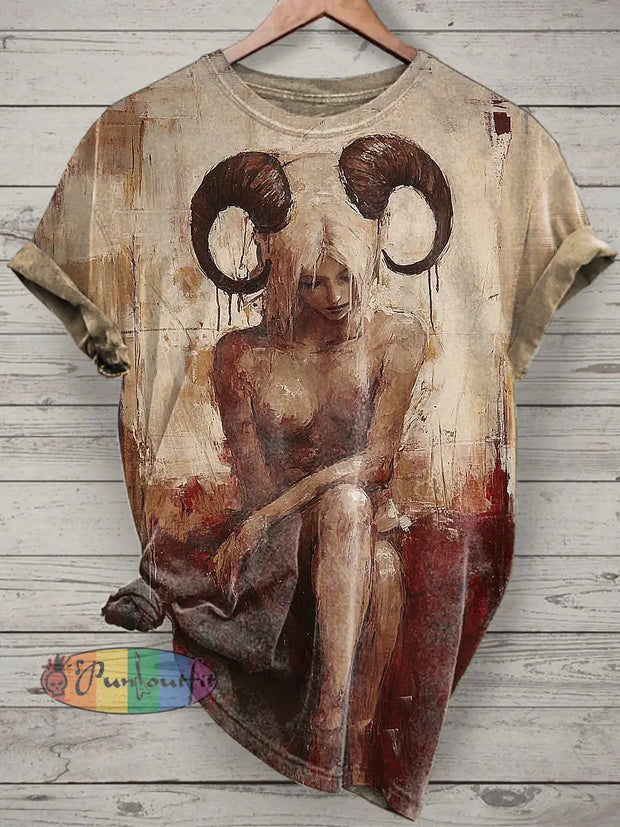 Sheep Girl Printed Vintage Fashion Loose Short Sleeve T-Shirt Apricot / S