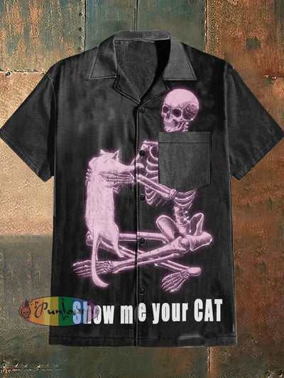 Show Me Your Cat Print Cuban Collar Shirt With Short Sleeves Black / S